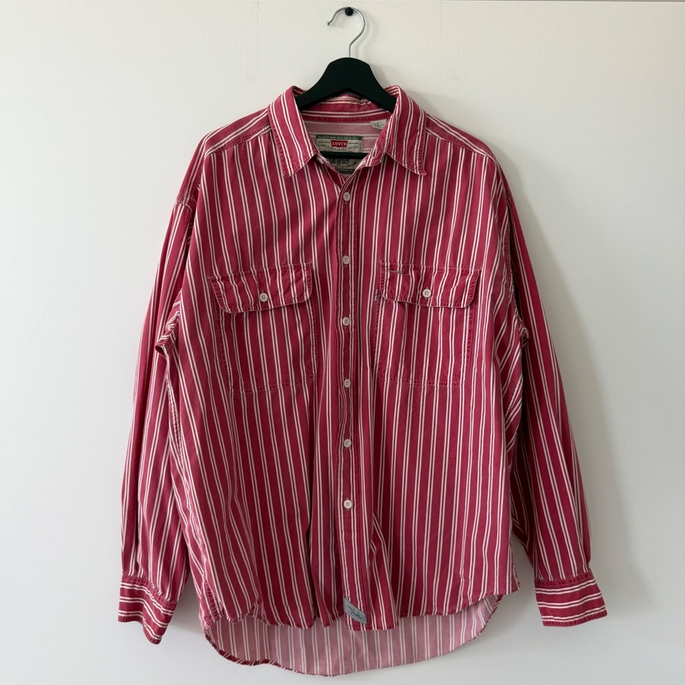 Levis Mens Large Red Striped Long Sleeve Button Down Work Shirt Cotton Vintage